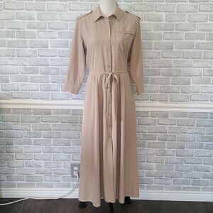 Calvin Klein Button Up Utility Belted Maxi Dress Minimalist 10 Khaki Acadamia